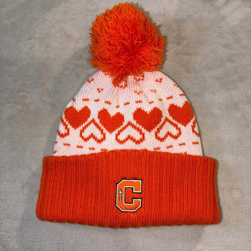 Logofit Campbell University Beanie Orange White Heart Pom Pom Knit Hat OSFM
